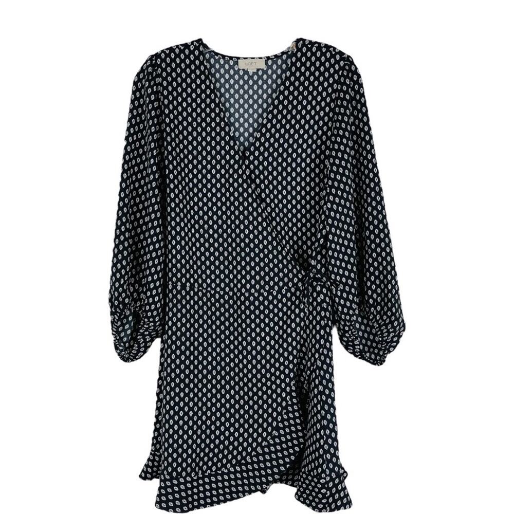 Loft black white geometric dot ruffle wrap preppy office midi dress 6